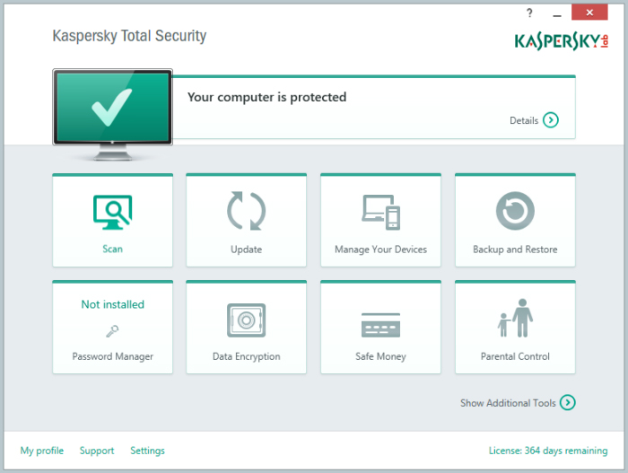 Interfaz kaspersky total security